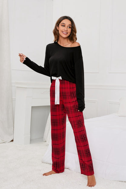 Long Sleeve Top and Bow Plaid Pants Lounge Set