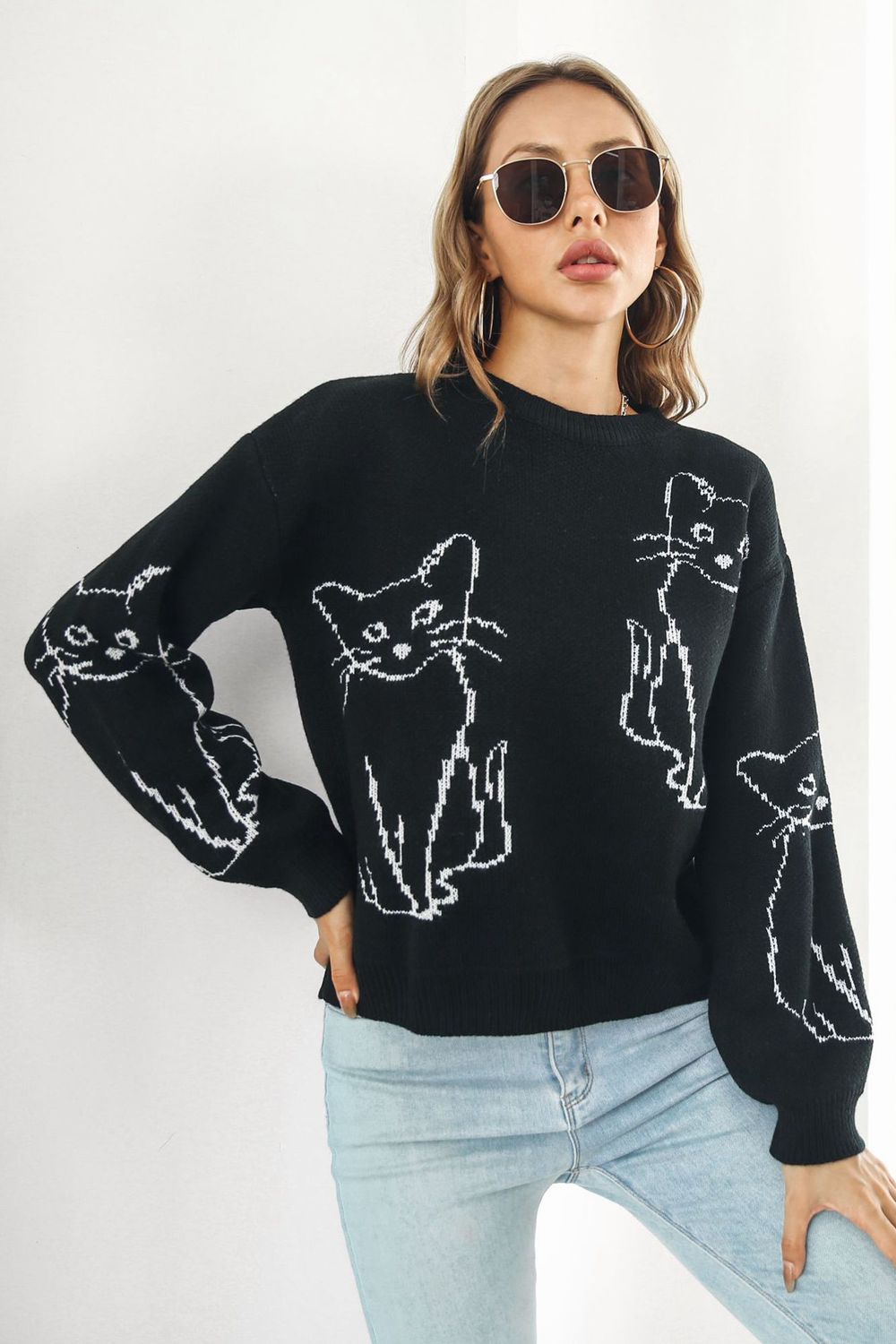 Cat Pattern Round Neck Sweater