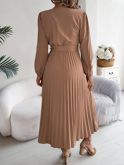 Pleated V-Neck Long Sleeve Dress