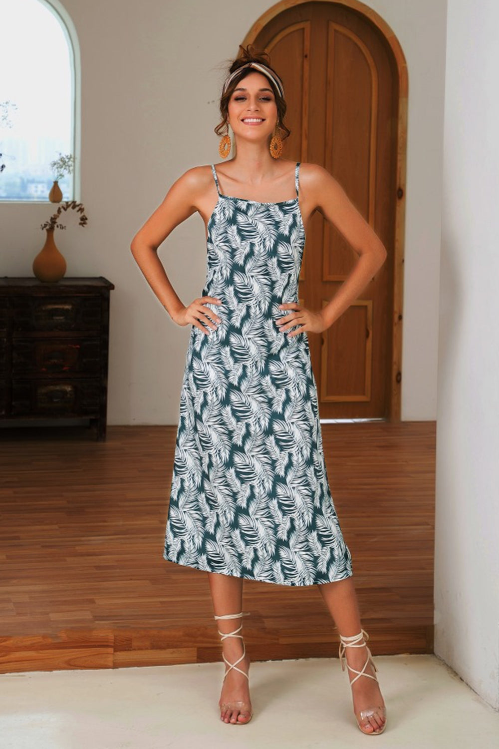 Slit Crisscross Printed Sleeveless Cami Dress - Elegant Aura Boutique