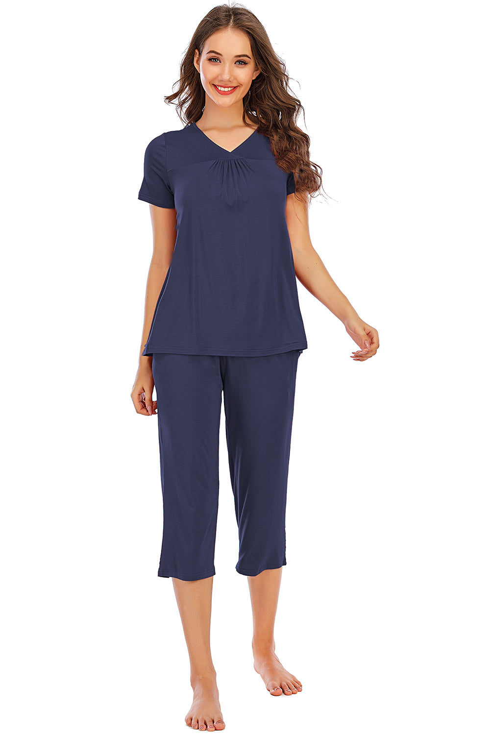 V-Neck Short Sleeve Top and Pants Lounge Set - Elegant Aura Boutique