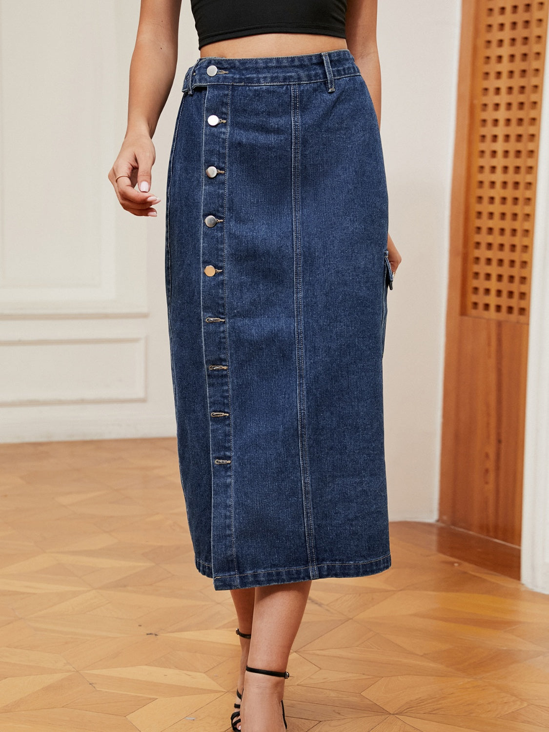 Button Down Midi Denim Skirt - Elegant Aura Boutique