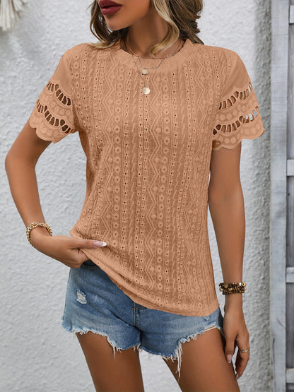 Stylish Eyelet Round Neck Top