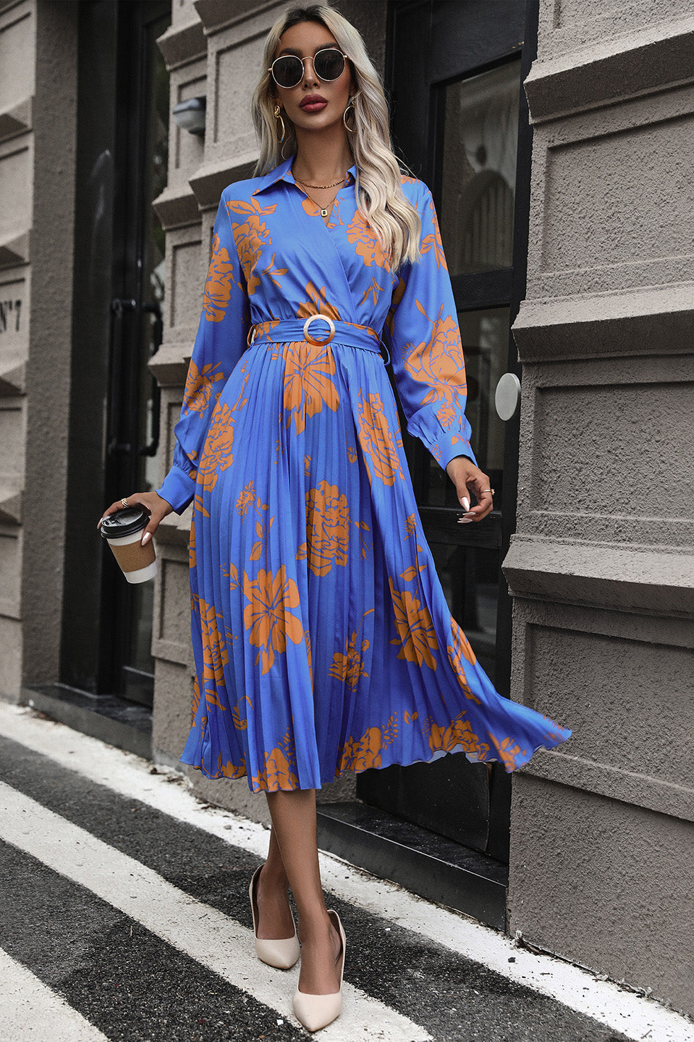 Floral Pleated Long Sleeve Midi Dress