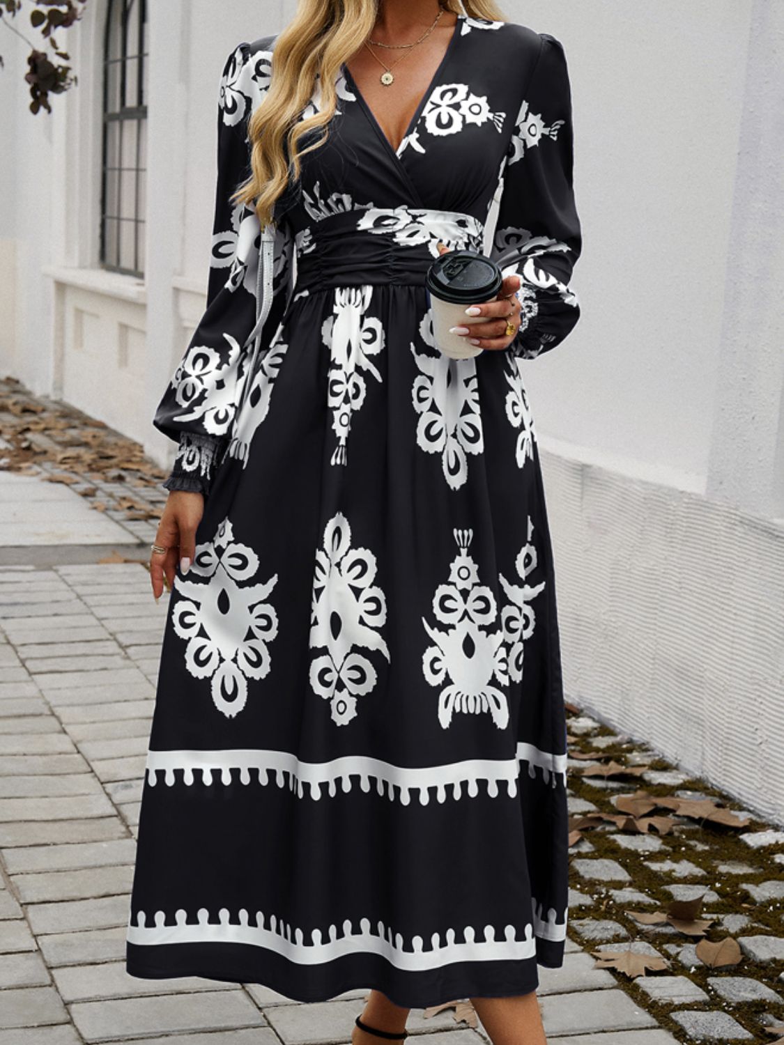 Printed Lantern Sleeve Midi Dress