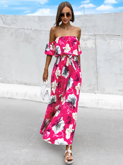 Pleated Floral Off-Shoulder Short Sleeve Midi Dress - Elegant Aura Boutique