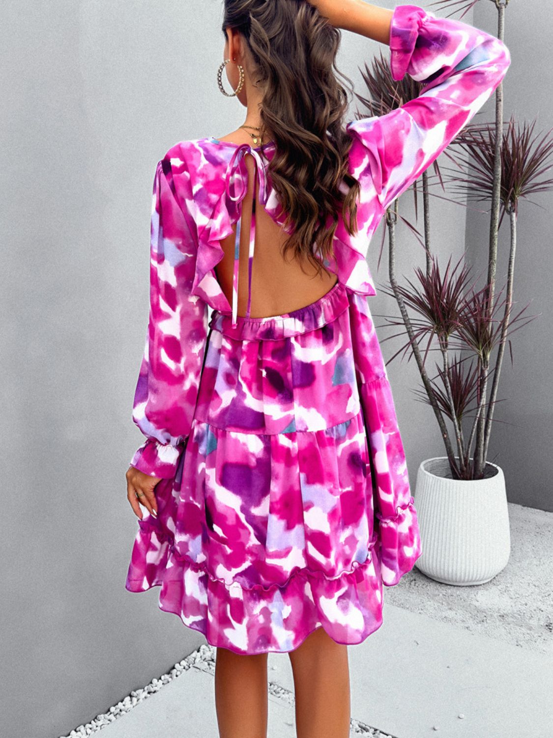 Backless Printed Flounce Dress - Elegant Aura Boutique