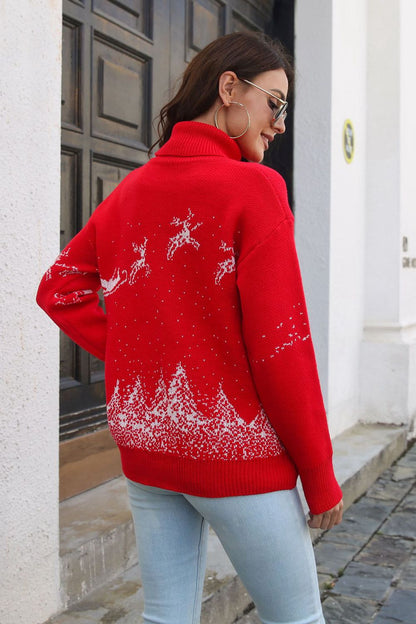 Reindeer & Snow Pattern Turtle Neck Sweater