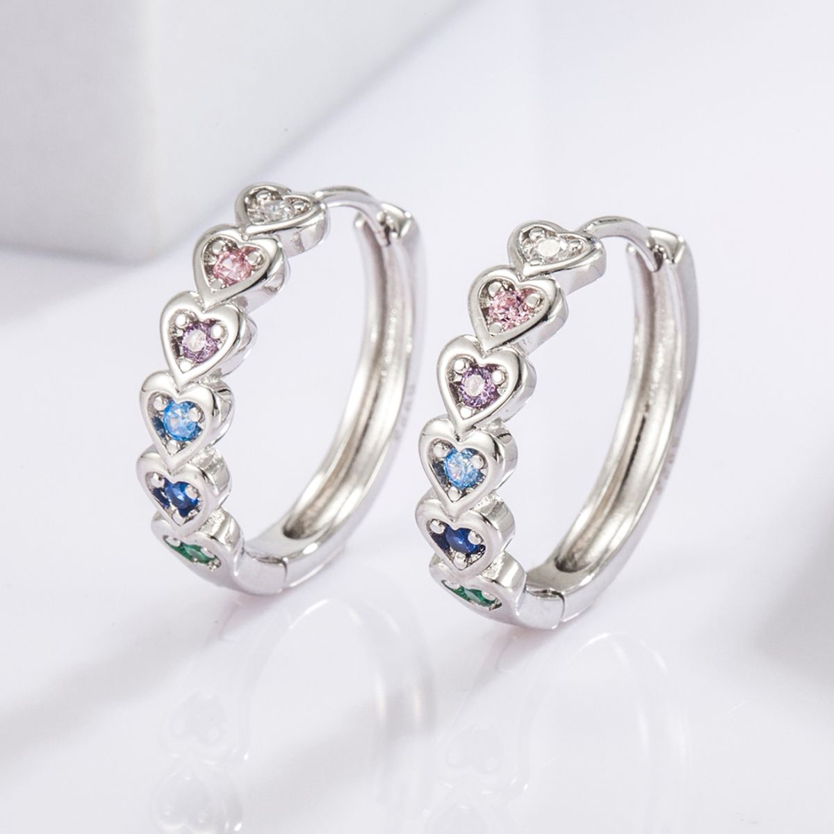 Sterling Silver Inlaid Zircon Heart Huggie Earrings