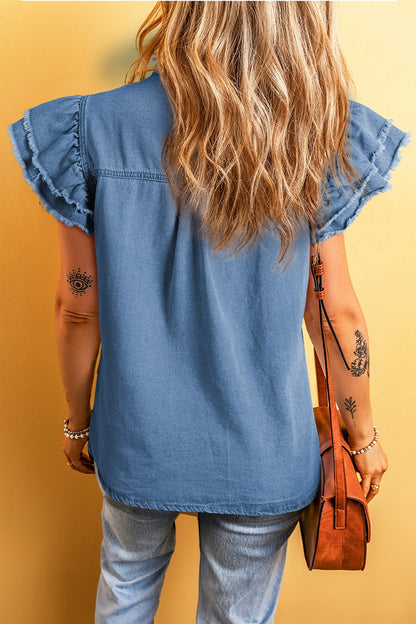 Raw Hem Button Up Denim Top