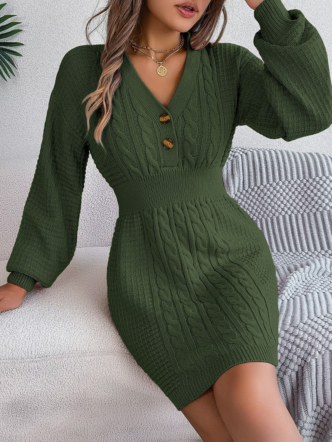 Buttoned Cable-Knit V-Neck Dress