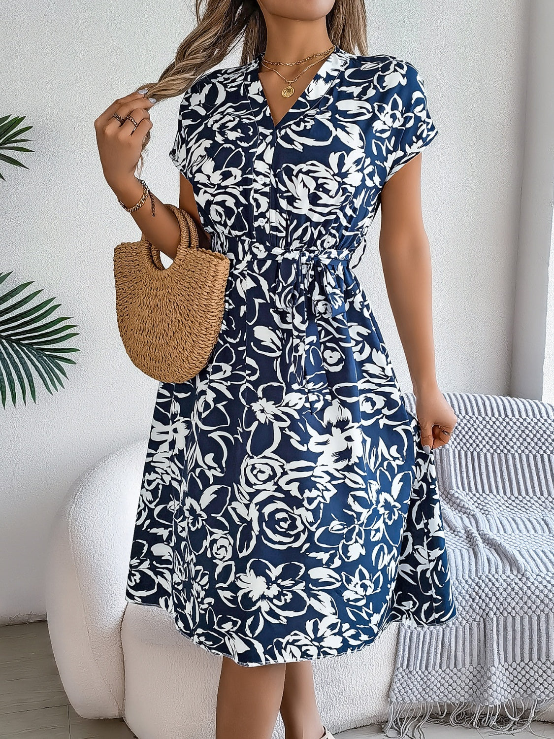 Printed V-Neck Short Sleeve Dress - Elegant Aura Boutique