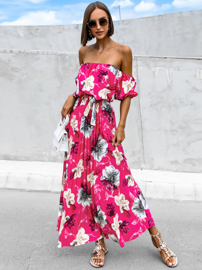 Pleated Floral Off-Shoulder Short Sleeve Midi Dress - Elegant Aura Boutique