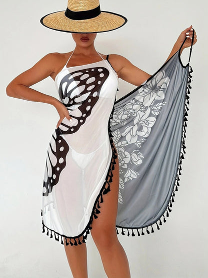 Tassel Printed Butterfly Cover Up