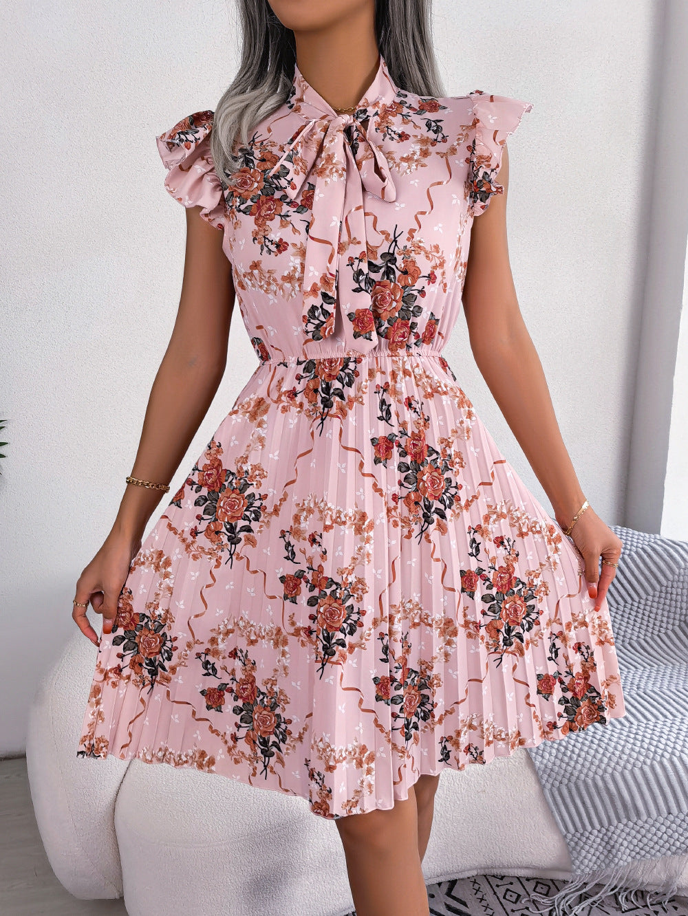 Pleated Floral Printed Dress