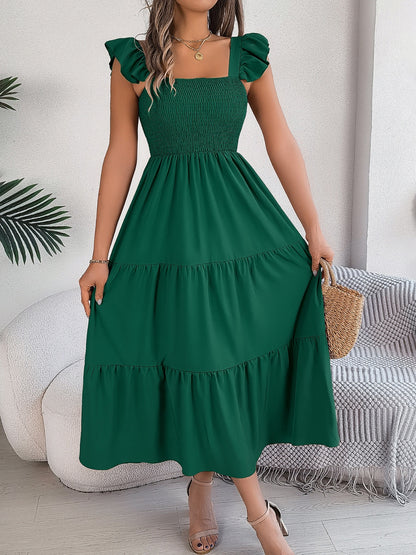 Smocked Square Neck Cap Sleeve Midi Dress - Elegant Aura Boutique