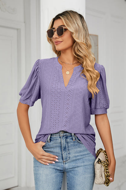 Eyelet Notched Short Sleeve T-Shirt