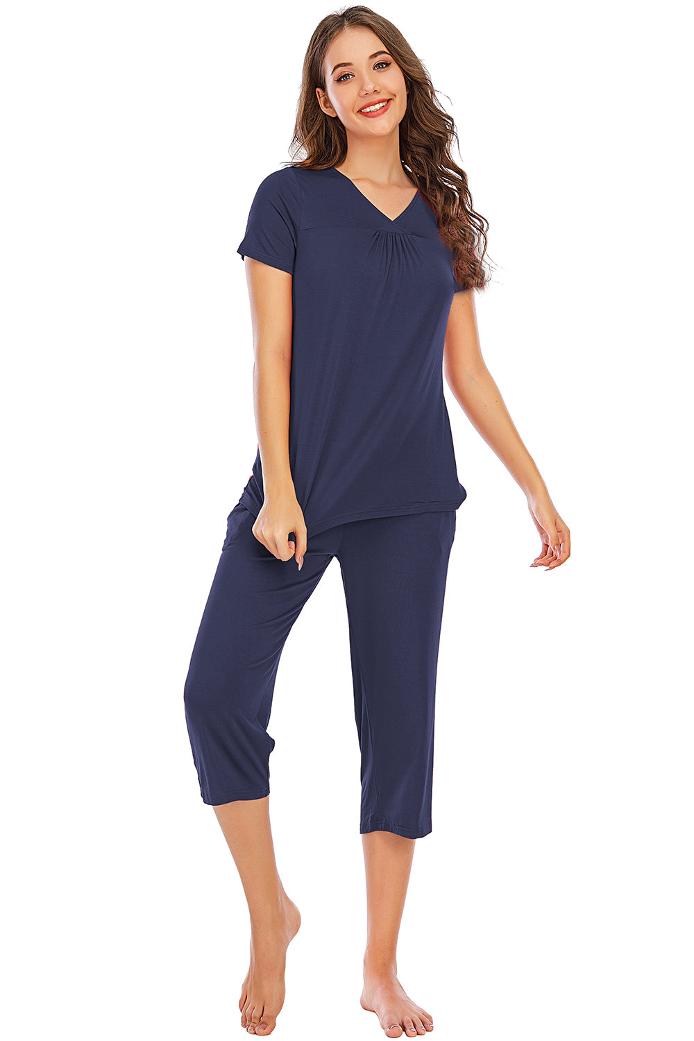 V-Neck Short Sleeve Top and Pants Lounge Set - Elegant Aura Boutique