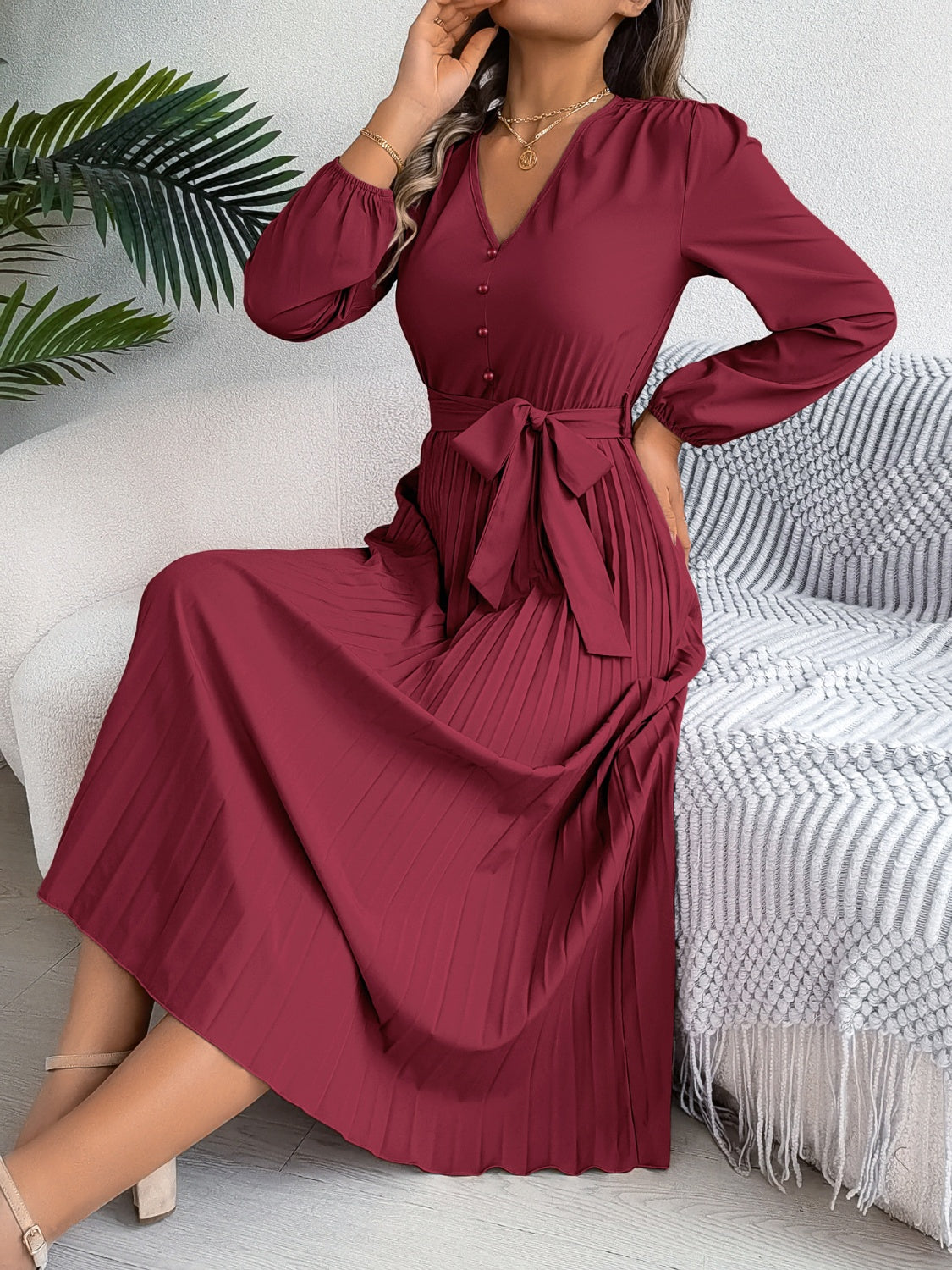 Pleated V-Neck Long Sleeve Dress