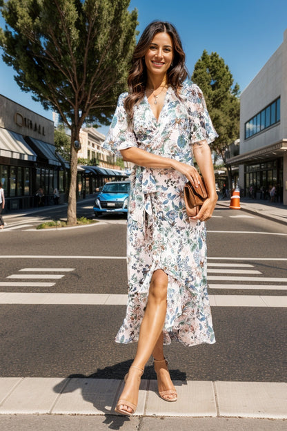 Printed Surplice Flutter Sleeve Midi Dress