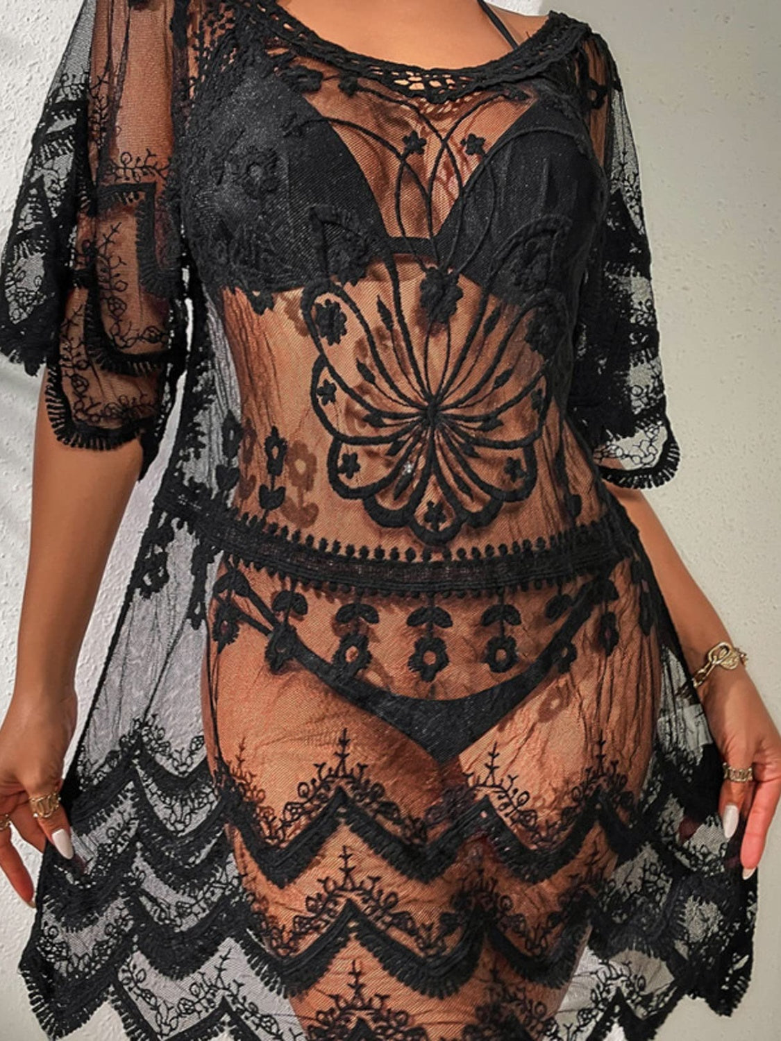 Lace Round Neck Half Sleeve Cover-Up - Elegant Aura Boutique