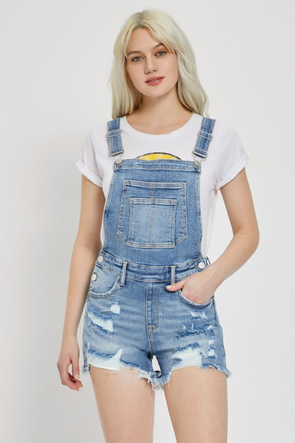 Distressed Raw Hem Denim Overalls