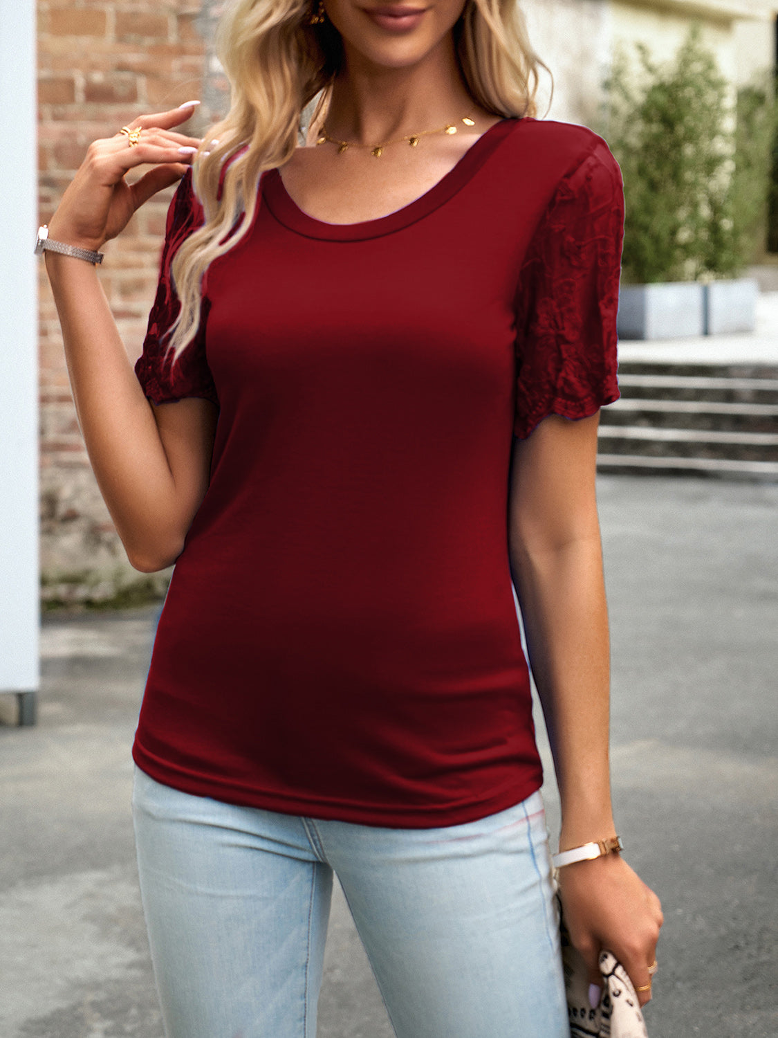 Elegant Lace Round Neck T-Shirt