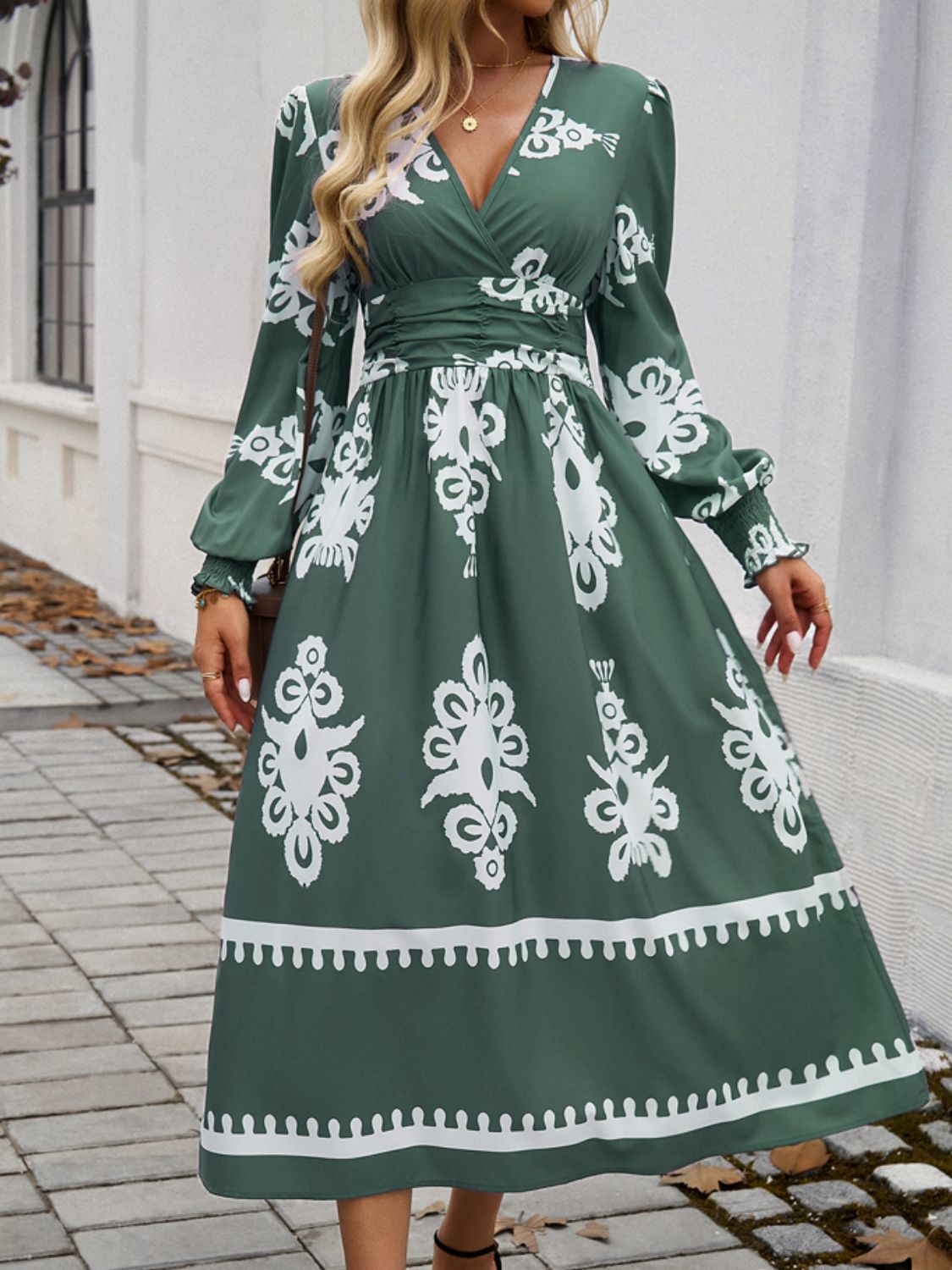 Printed Lantern Sleeve Midi Dress