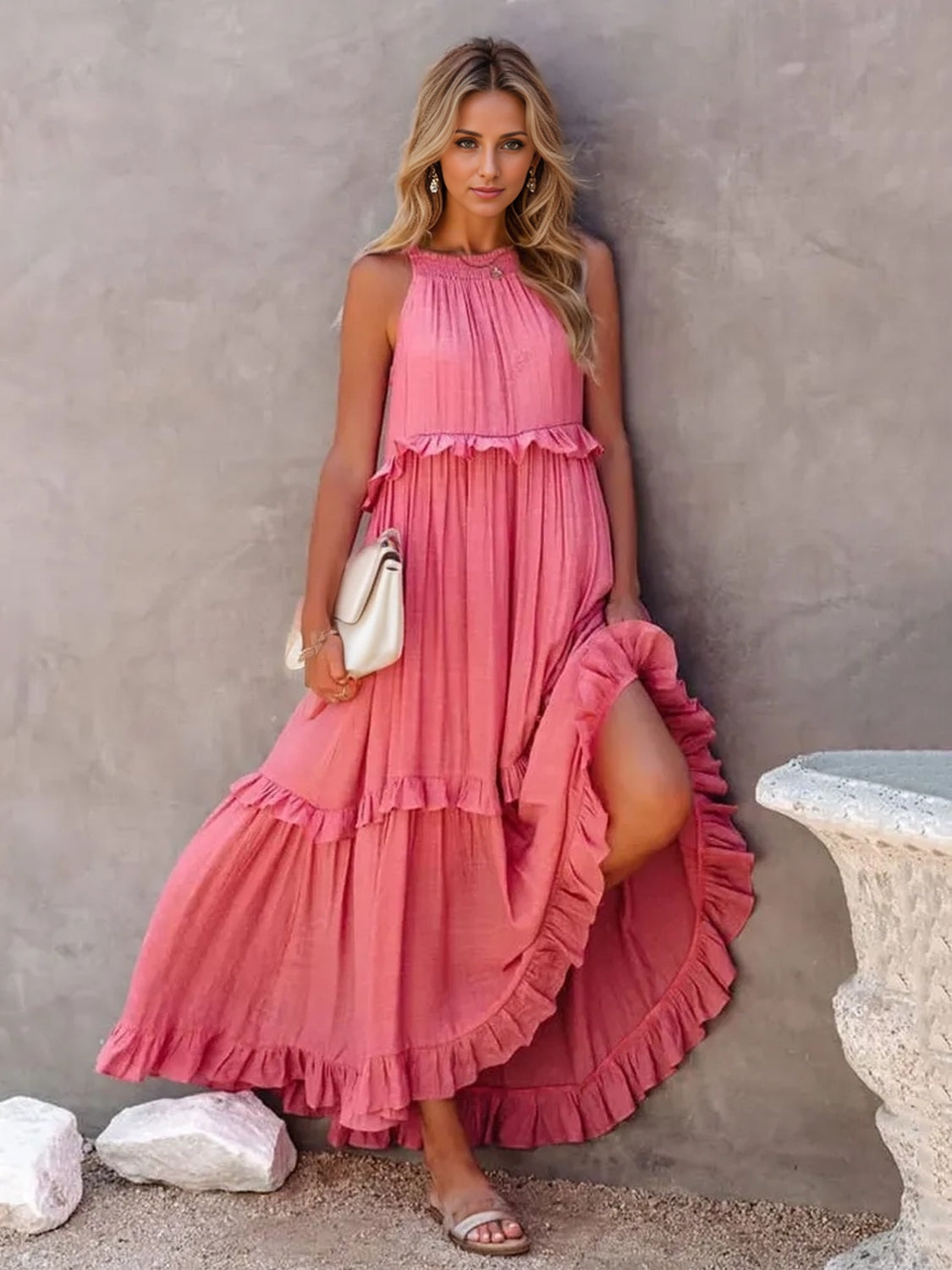 Ruffled Sleeveless Tiered Maxi Dress with Pockets - Elegant Aura Boutique