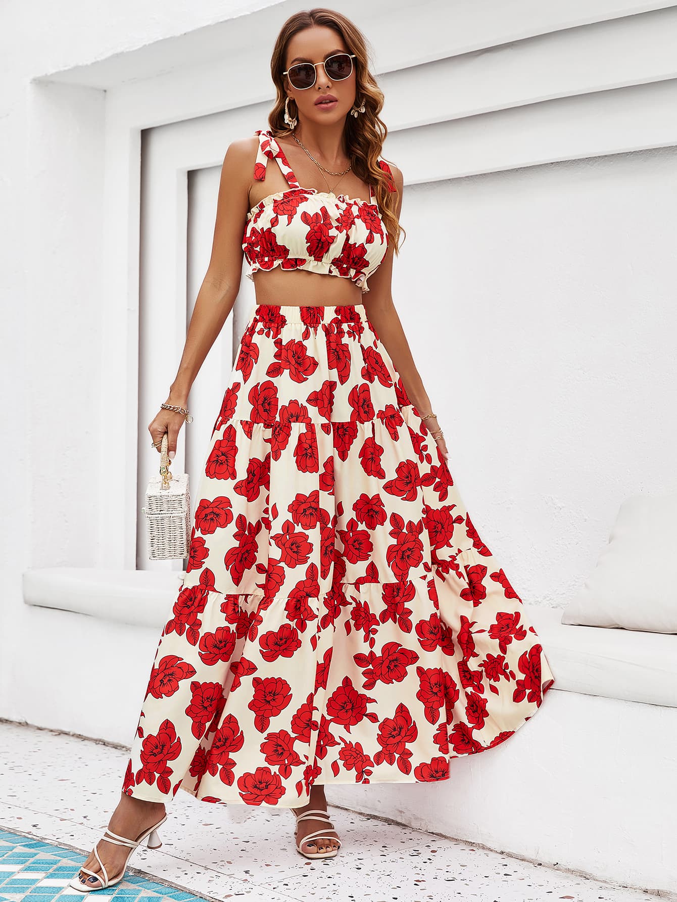 Floral Tie Shoulder Top and Tiered Maxi Skirt Set - Elegant Aura Boutique