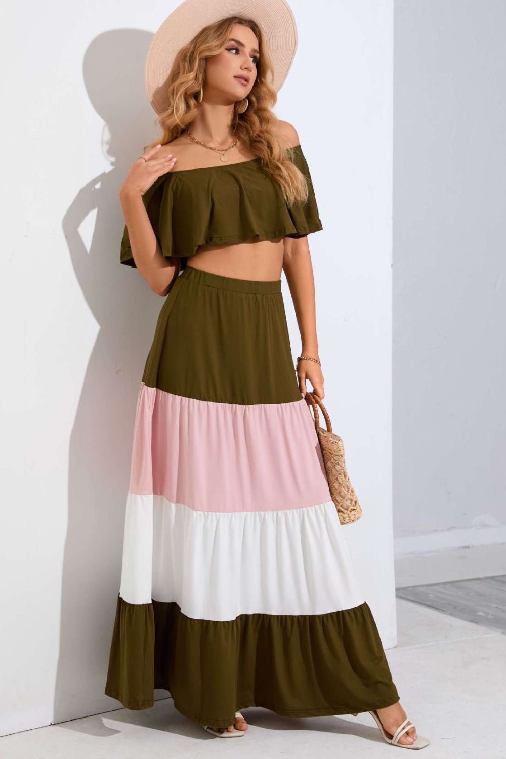 Off-Shoulder Color Block Tiered Skirt Set - Elegant Aura Boutique