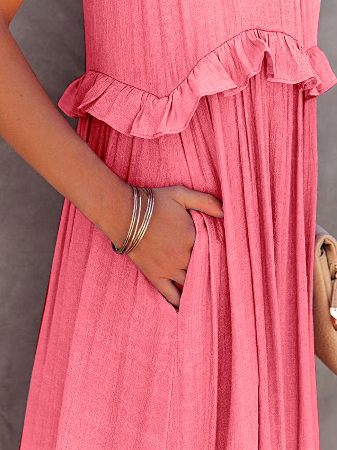 Ruffled Sleeveless Tiered Maxi Dress with Pockets - Elegant Aura Boutique