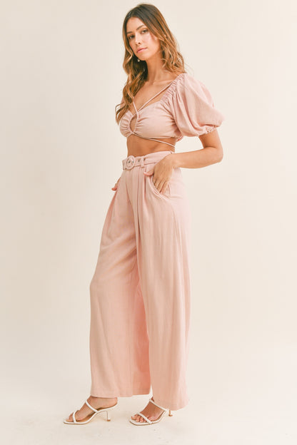 Cut Out Drawstring Crop Top and Belted Pants Set - Elegant Aura Boutique