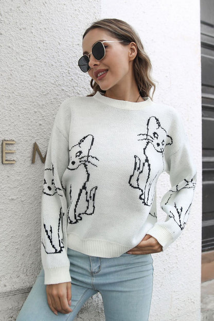 Cat Pattern Round Neck Sweater