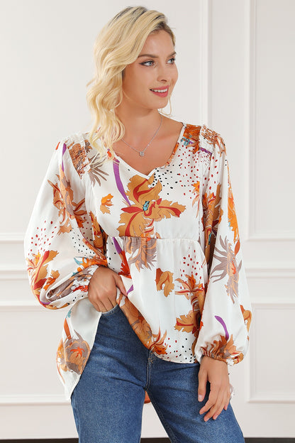 Printed V-Neck Balloon Sleeve Blouse