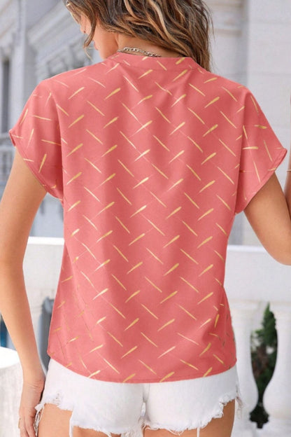 Stylish Print Notched Short Sleeve Blouse