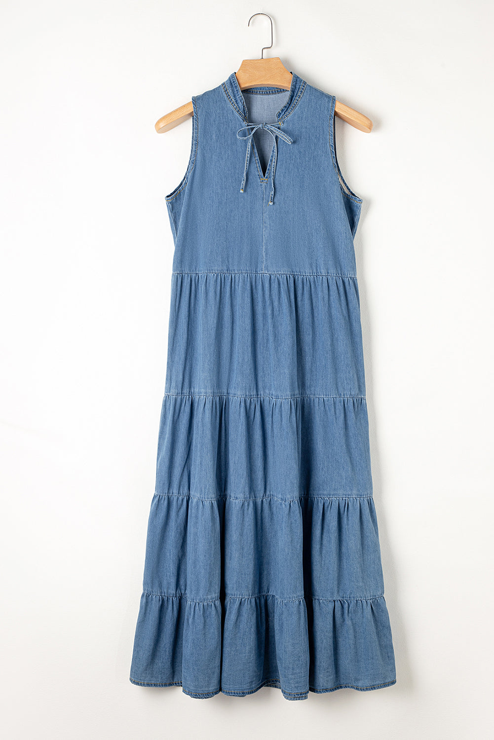 Tie Neck Sleeveless Denim Dress - Elegant Aura Boutique