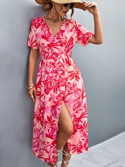 Floral Print High Slit Midi Dress