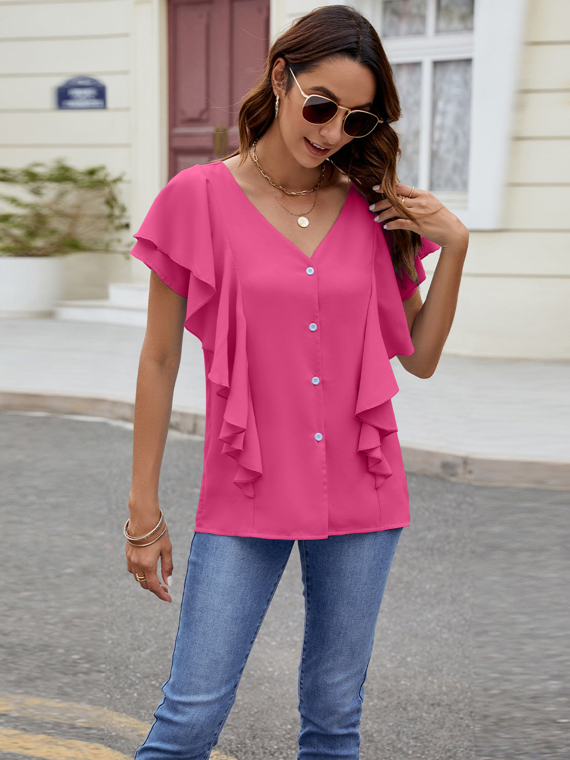 Ruffled Short Sleeve Blouse