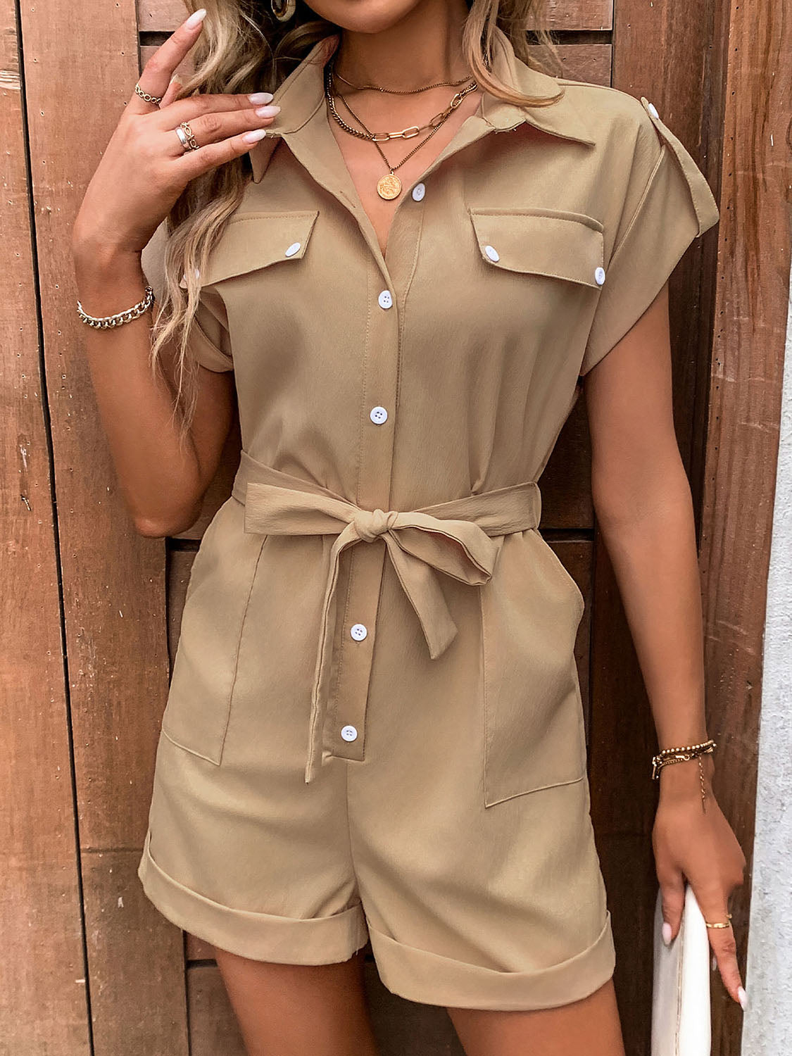 Collared Neck Romper with Pockets