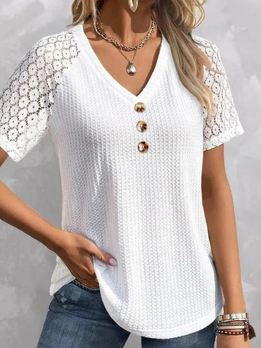 Waffle-Knit V-Neck Blouse