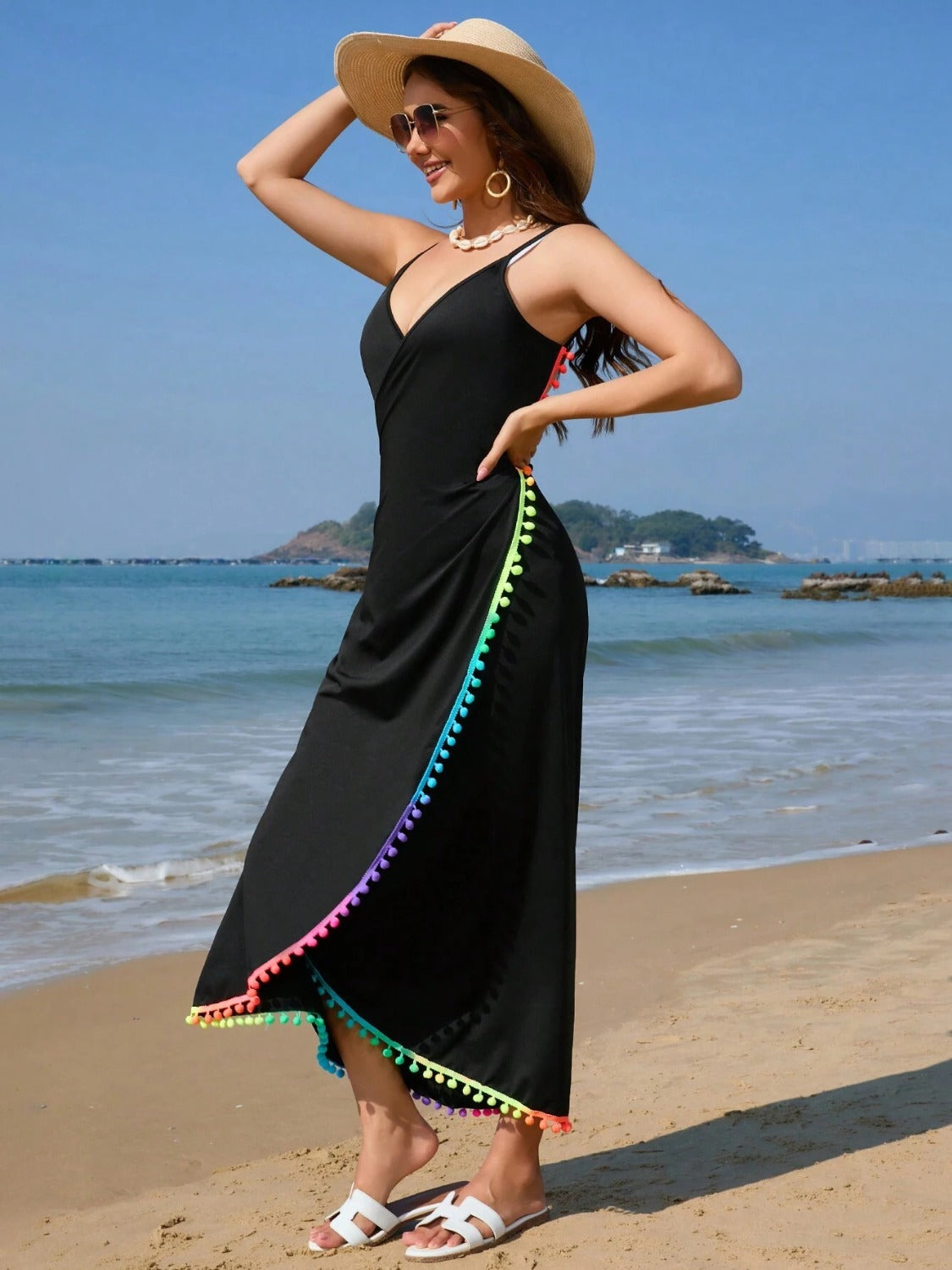 Rainbow Pompom Trim Cover-Up