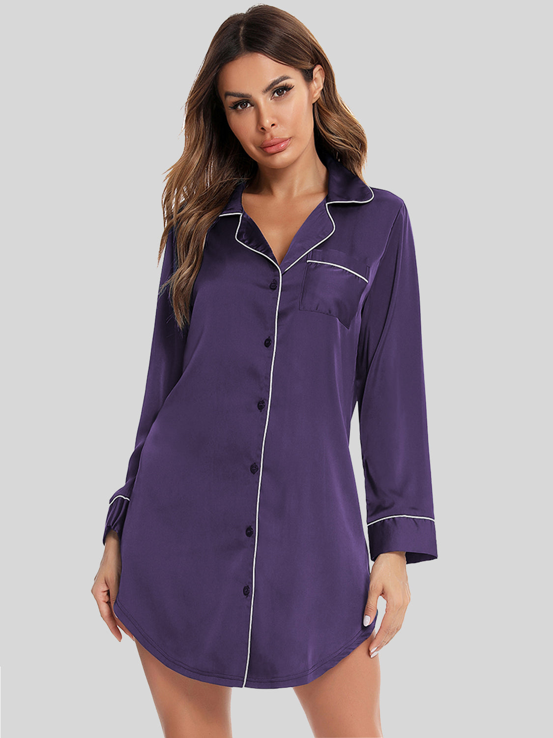 Button Up Lapel Collar Night Dress