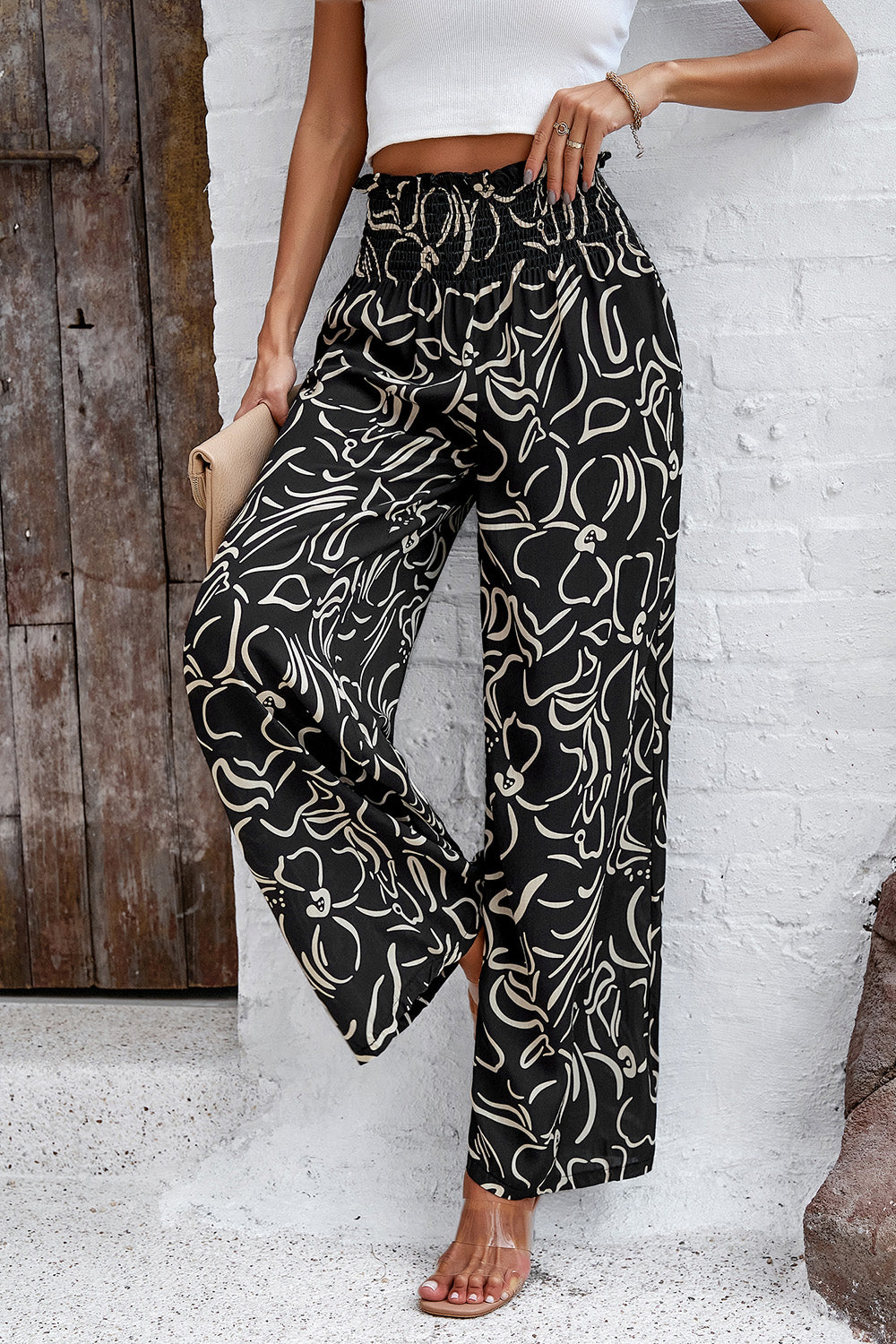 Asymetrical Printed Wide Leg Pants with Pockets - Elegant Aura Boutique