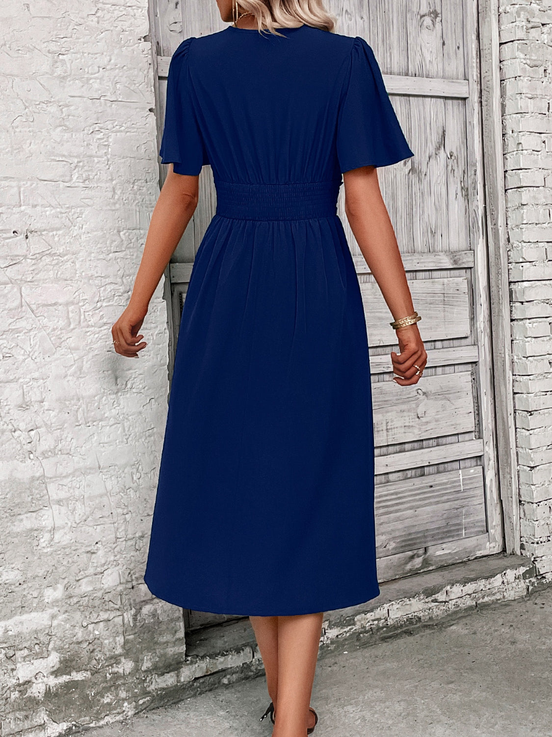 Surplice Flutter Sleeve Midi Dress - Elegant Aura Boutique