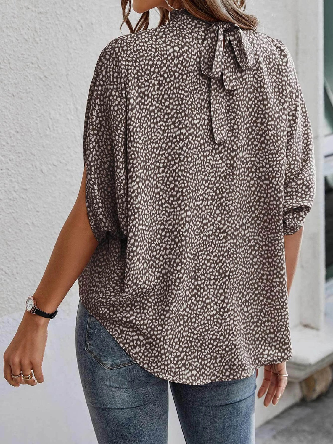 Tied Printed Mock Neck Blouse