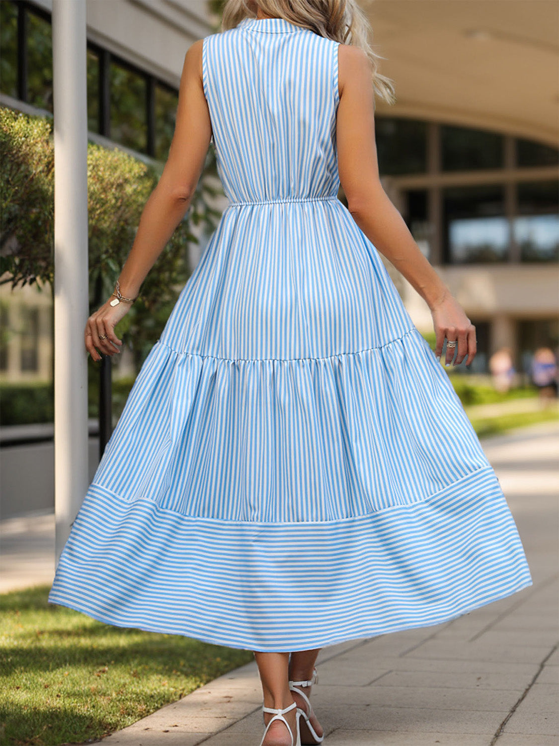 Striped Notched Sleeveless Midi Dress - Elegant Aura Boutique