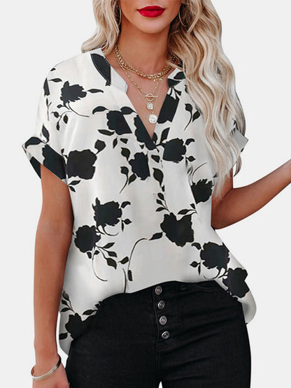 Printed Notched Short Sleeve Blouse