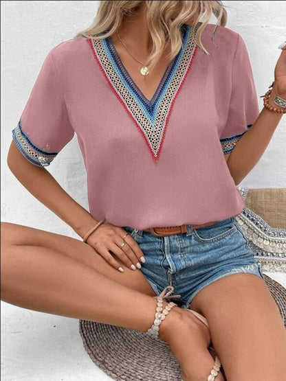 V-Neck Short Sleeve Relaxed Blouse