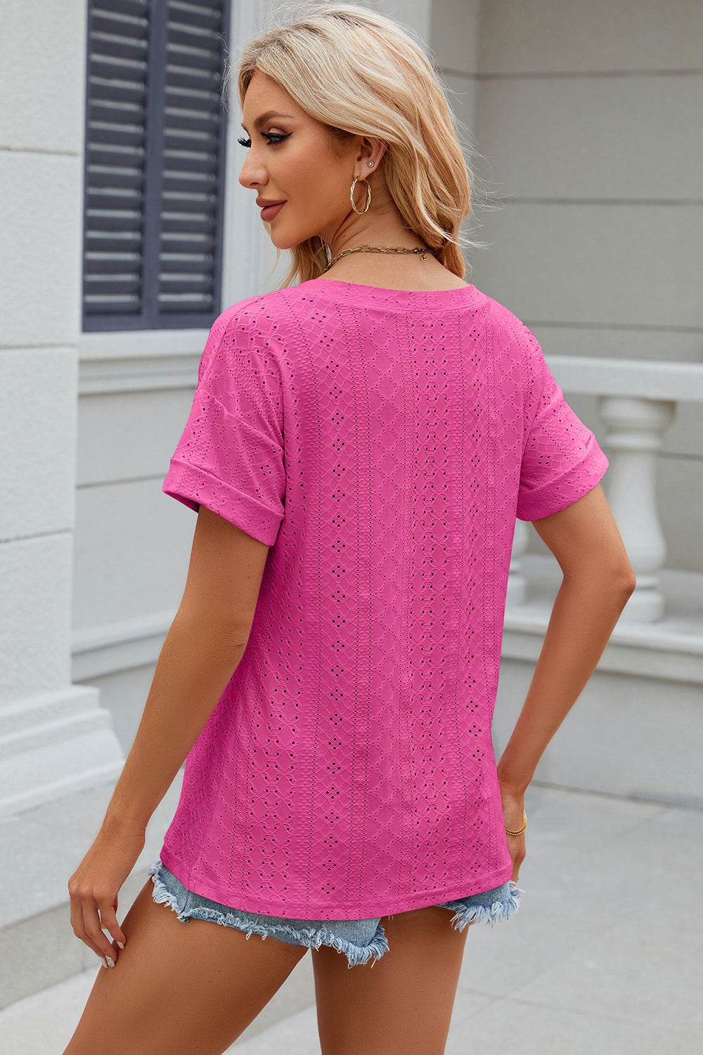 Eyelet V-Neck Short Sleeve Blouse